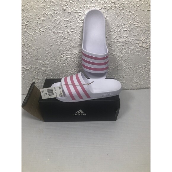 Adidas Adilette Aqua Slides Women Size 9 White Pink Stripes Slip-On Pool Shower - Picture 2 of 6